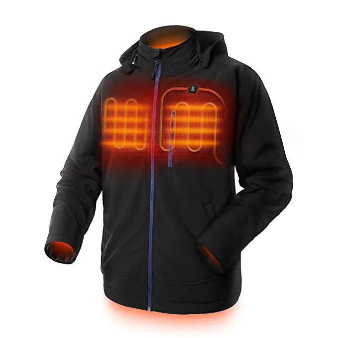 Black men's waterproof winter coat with USB heating port and zipper pockets on a mannequin.