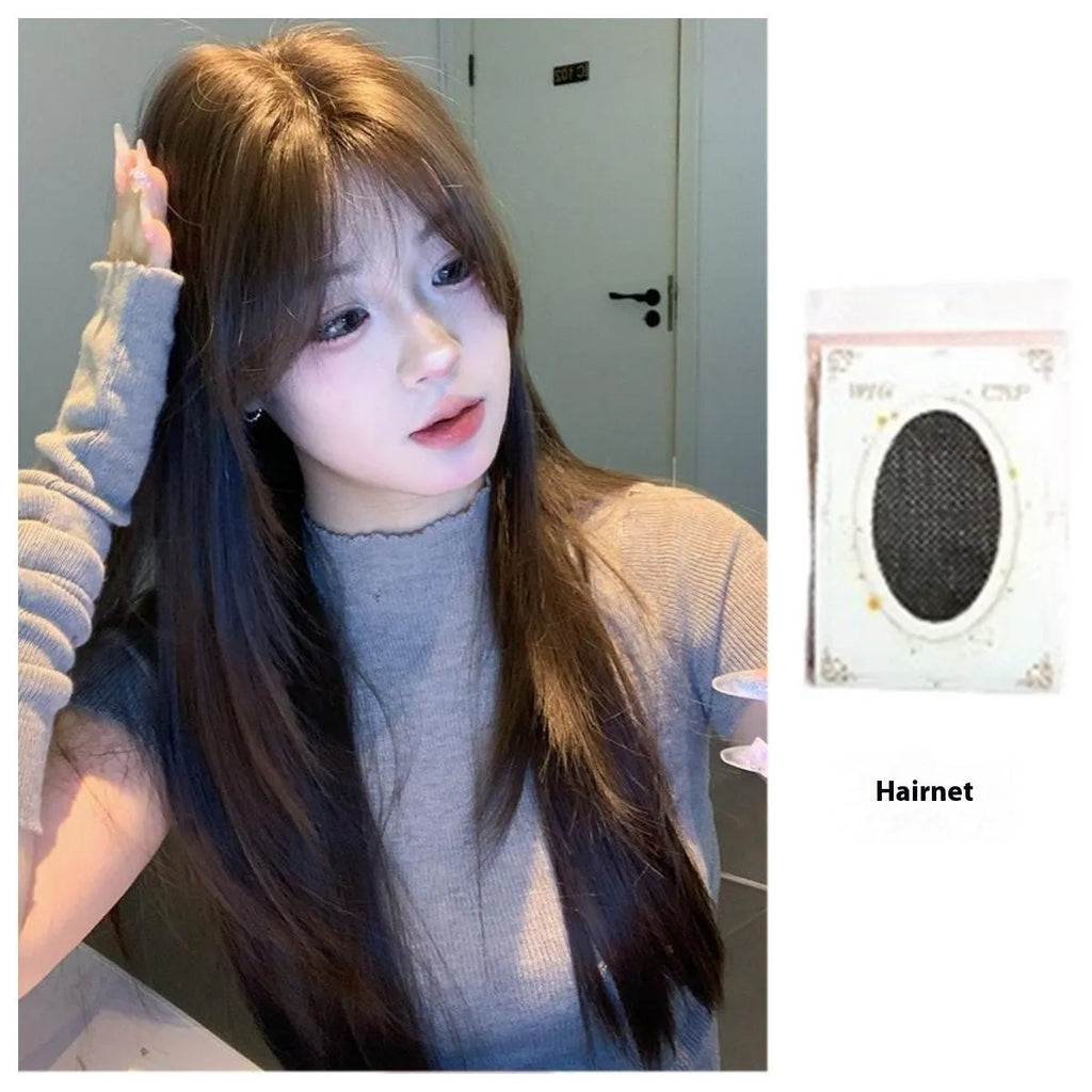 Women's layered long straight full-head synthetic wig in cold brown colour.