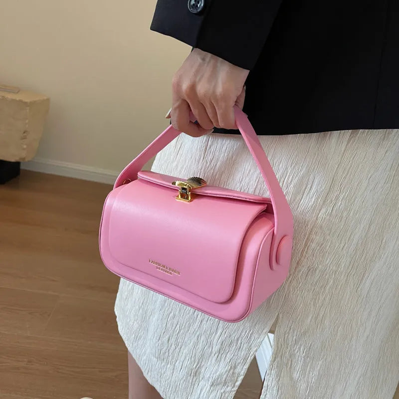 Women's PU shoulder messenger bag with letter stitching in beige, black, khaki, or pink casual style