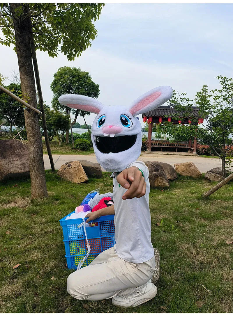White rabbit head plush cover for motorcycle helmet with long ears