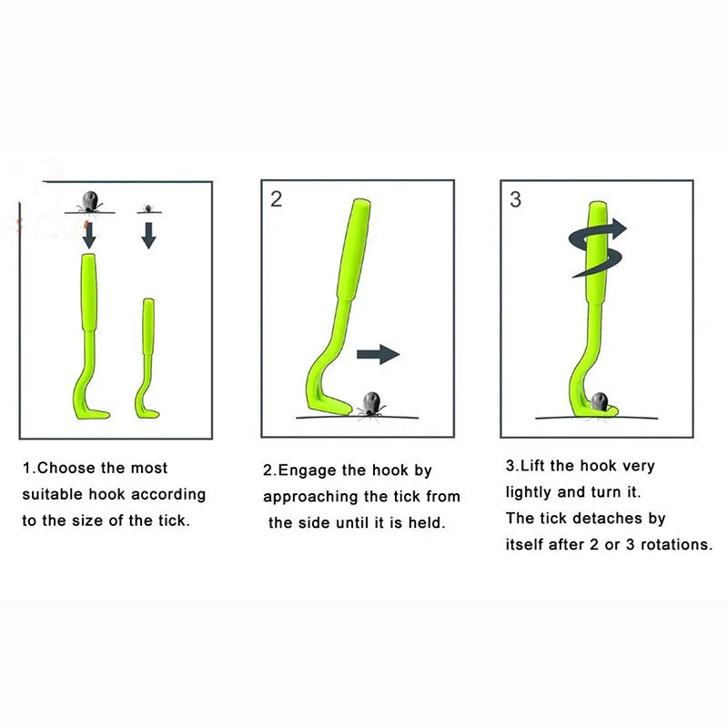 Blue and green plastic pet tick removal clips on a white background