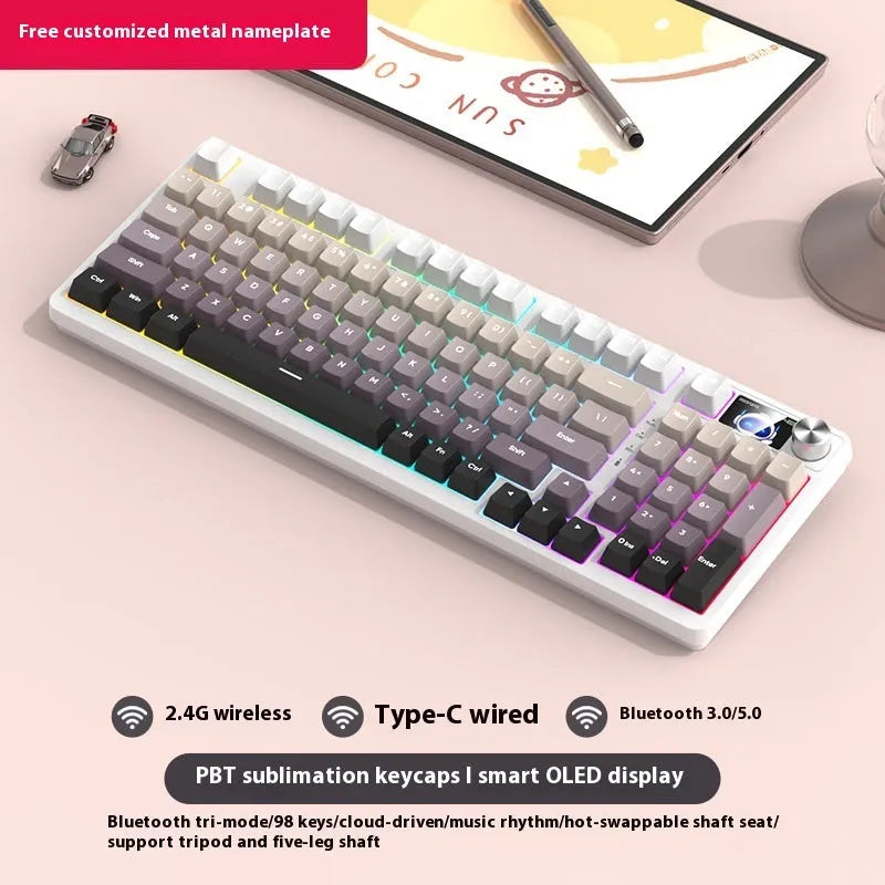 98-key wireless mechanical keyboard kit with metal control knob and optional display screen