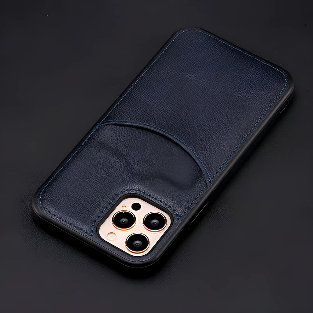 Dark blue PU leather protective case for iPhone models from 7 to 14 Pro Max.