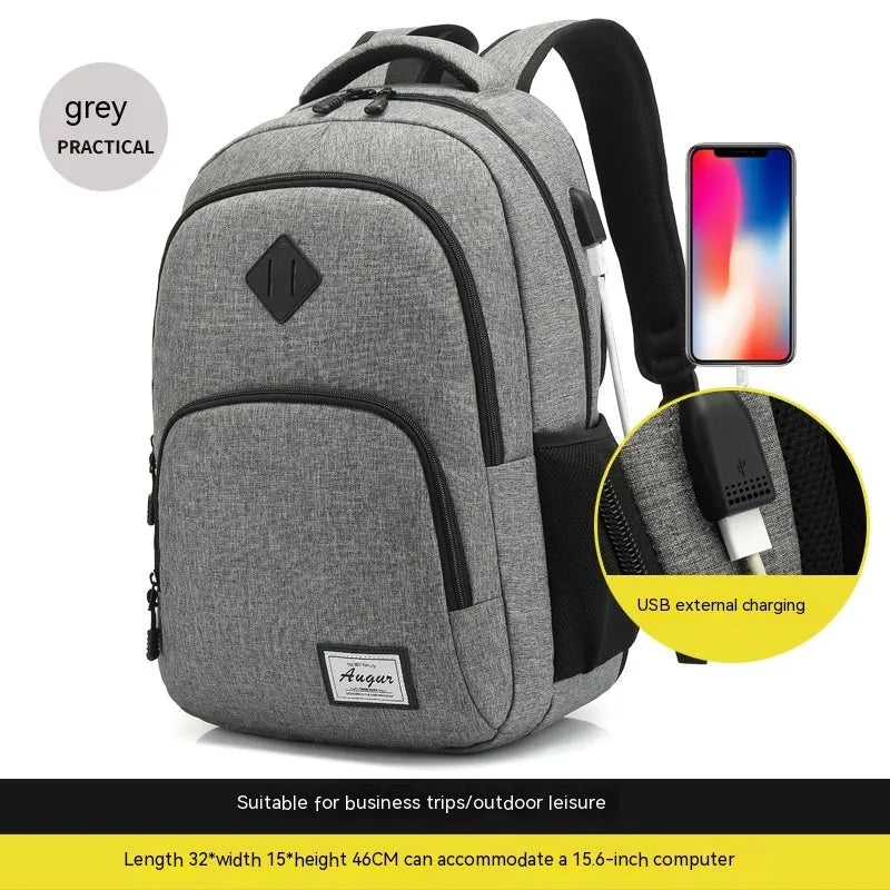 USB charging backpack in grey with trolley sleeve and dimensions 32x15x46cm