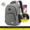 USB charging backpack in grey with trolley sleeve and dimensions 32x15x46cm