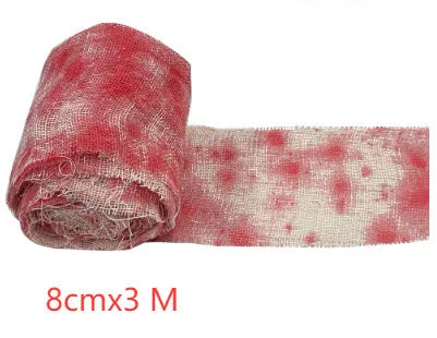 Red and white polyester Halloween horror bandage showing 8cm width and rolled length
