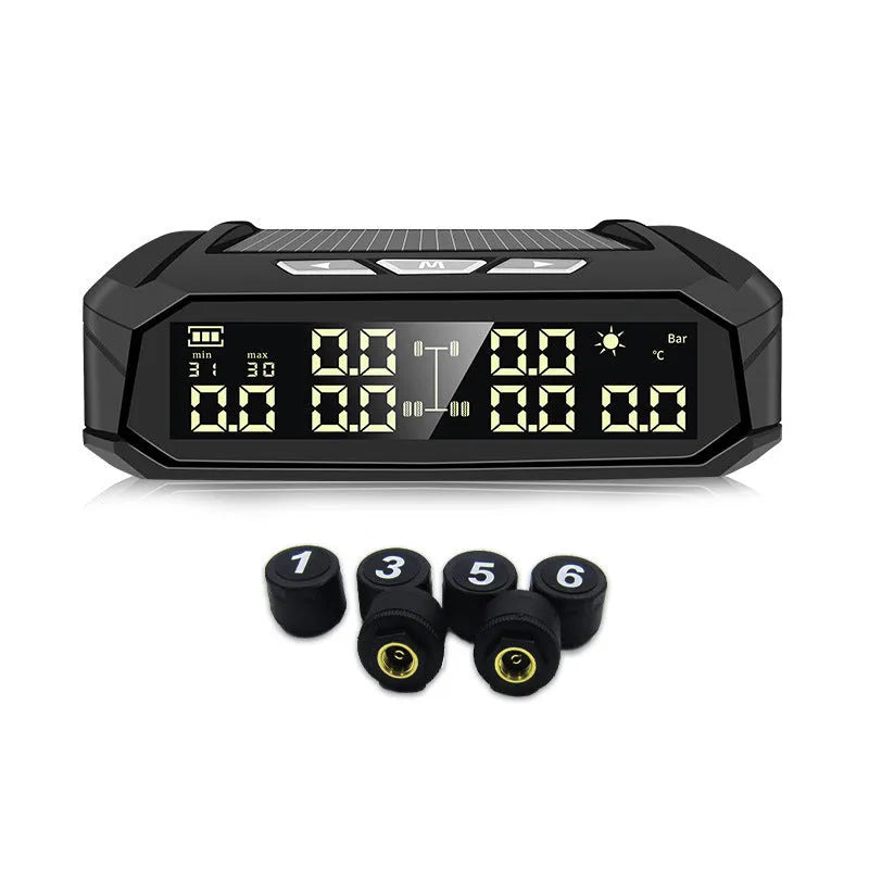 Solar external tire pressure monitor display with six sensors for RV and truck use