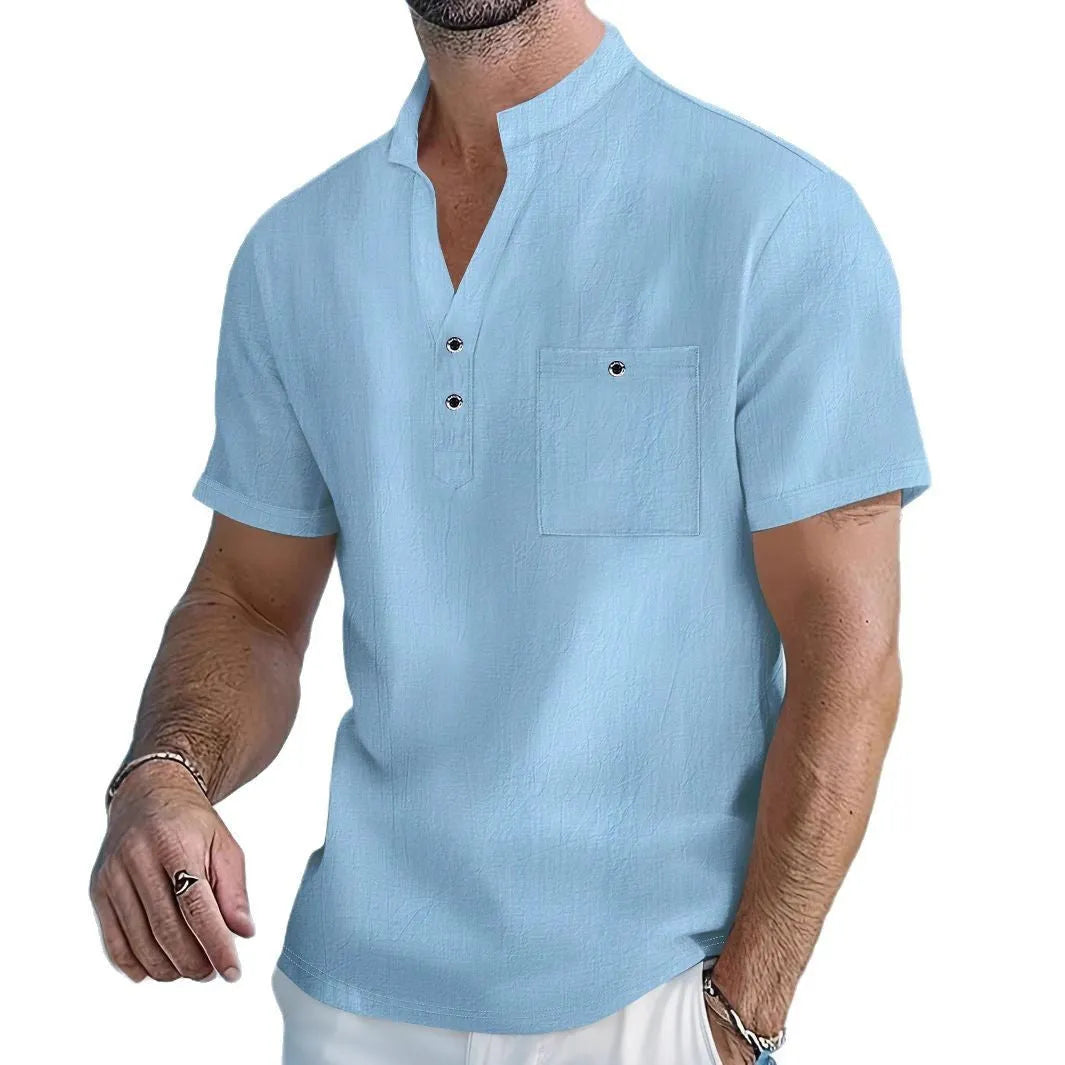 Men's linen blend stand collar t-shirt in loose fit casual style