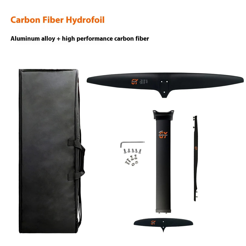 Black carbon fibre and aluminium racing hydrofoil for surfboards with large front wing