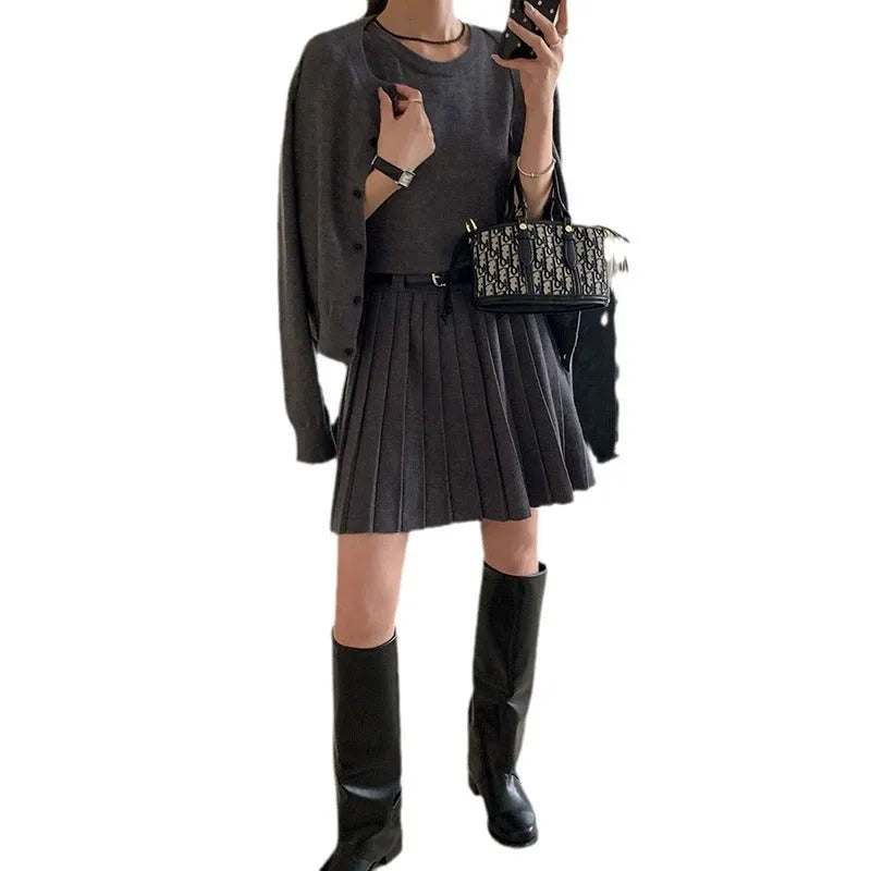 Women's grey knitted vest skirt and cardigan two-piece set with pleated art retro style