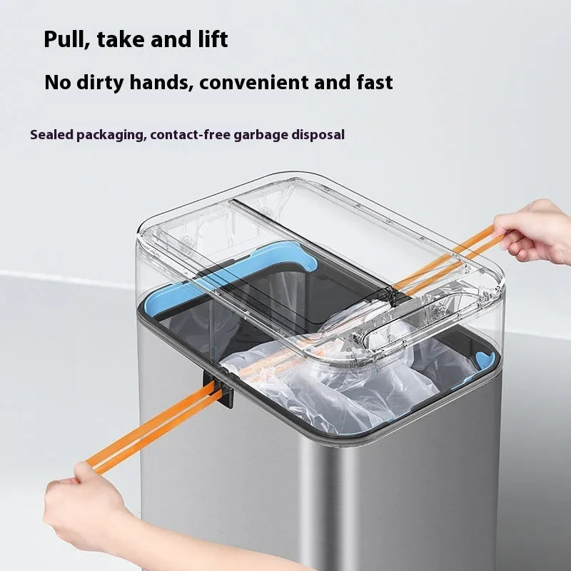 Stainless steel inductive smart trash can with square bucket design and sensor lid.