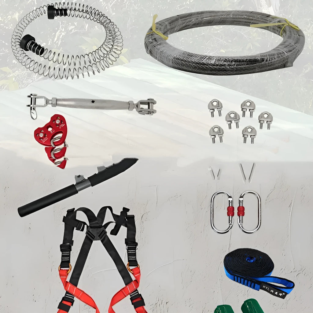 XYL Ziptreck children's pulley slide system with 10 metre steel cable, alloy steel components, safety harness, and multiple attachment points