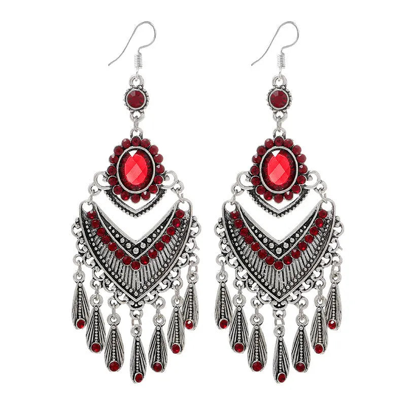 Purple retro ethnic style long fringe drop earrings with crystal details on alloy base