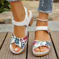White women's high heel sandals with adjustable Velcro buckle fastening and rubber sole