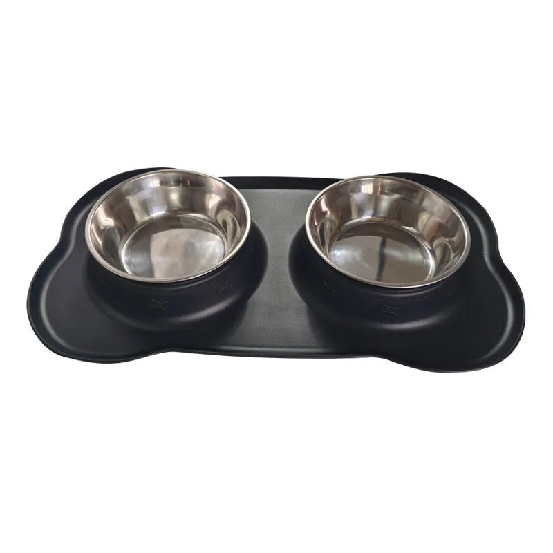 Large double compartment silicone dog bowl with stainless steel base in blue colour
