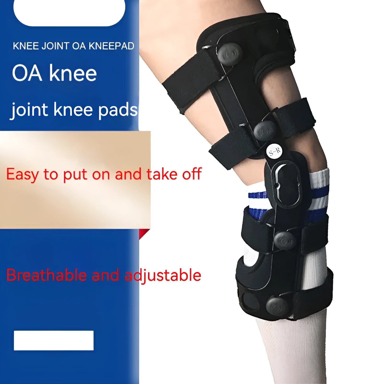 Black anterior ligament knee pad showing multi-material construction and sizing tags for left and right knees.