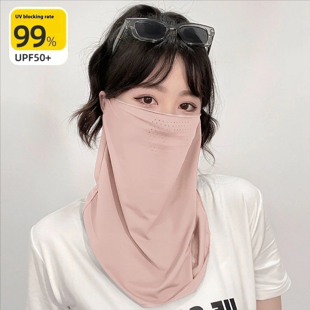 UPF50 breathable nylon outdoor cycling face mask in black, half-cover style, 18cm x 28cm, for sun protection.