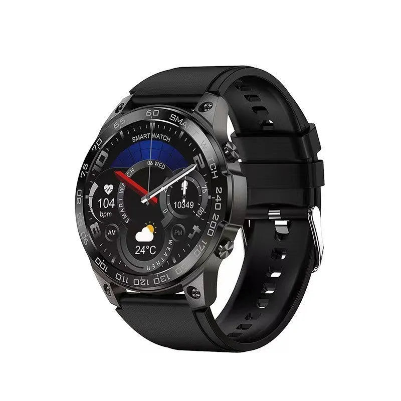 Bluetooth sports smartwatch with circular AMOLED screen showing fitness metrics on silicone strap