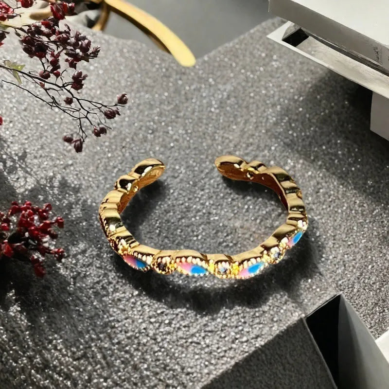 Copper gourd shaped ring with inlaid zircon and adjustable band in New Chinese style