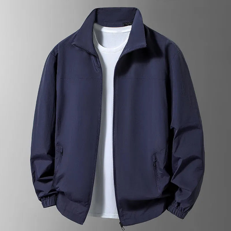 Large size men's casual jacket with stand collar and zipper, available in five colours and sizes M to 8XL