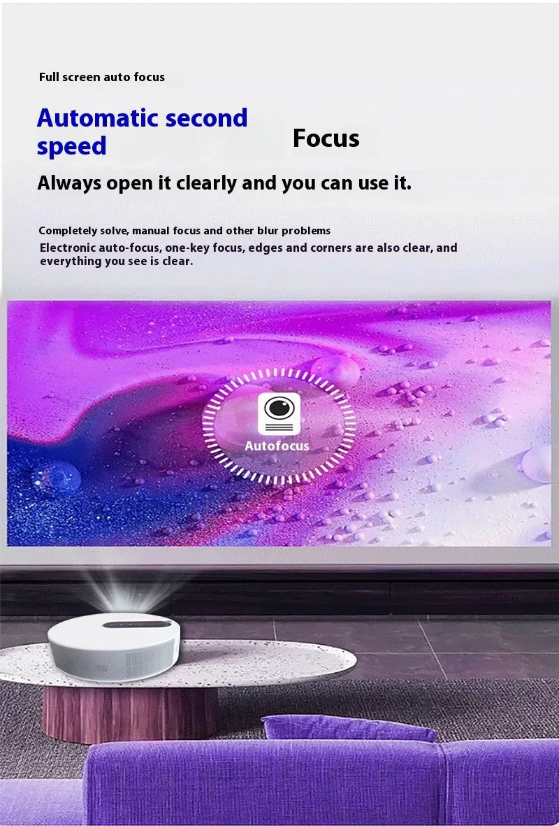 White HD home theatre projector with remote control on dark background