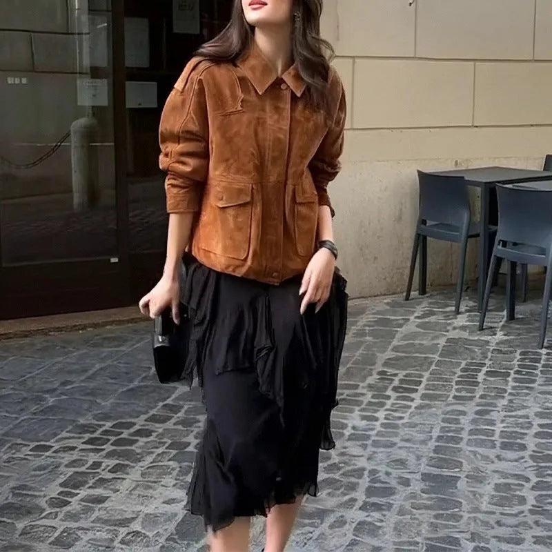Women's brown suede-look polyester coat with regular sleeves in multiple sizes