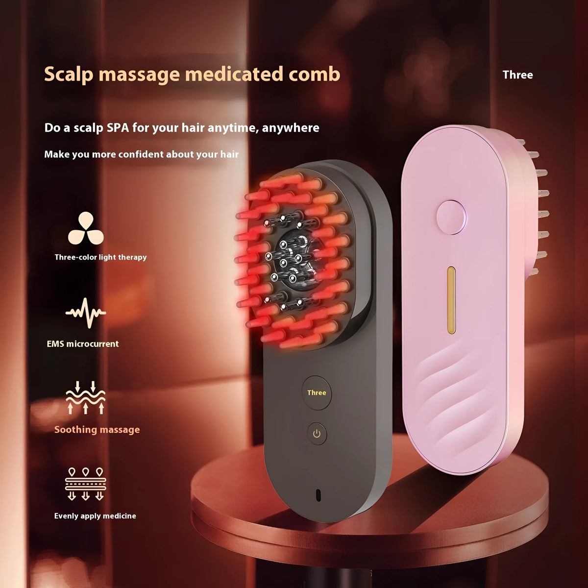 Pink and black smart massage comb for scalp care with red light therapy.