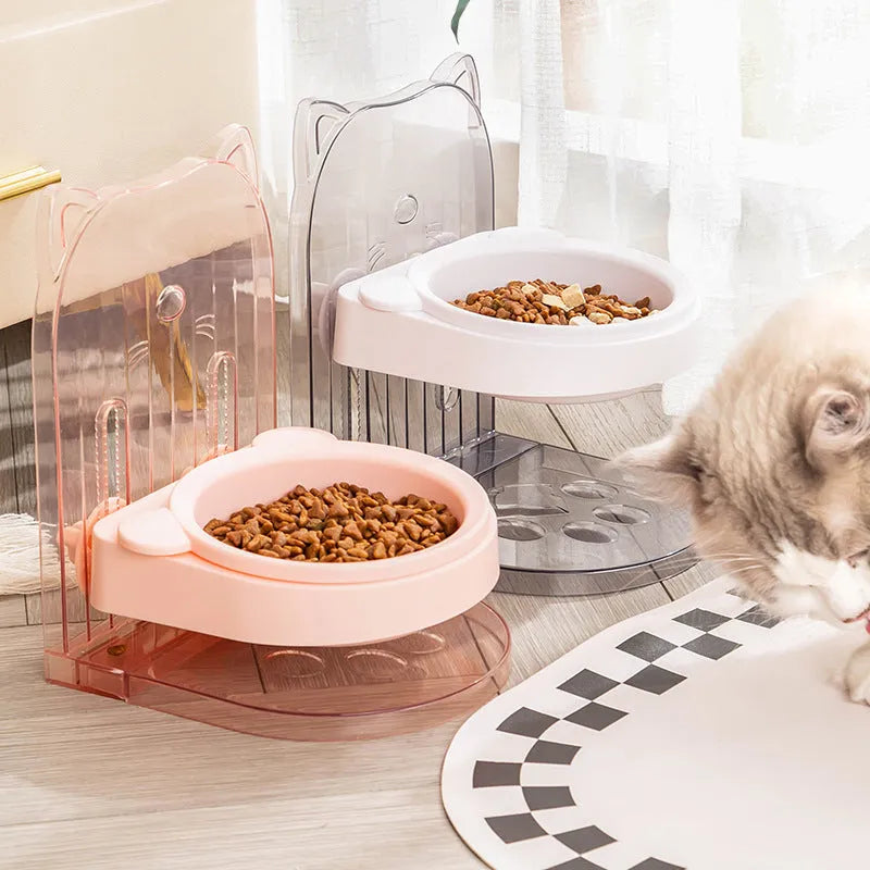 Grey cat feeding bowl with cat ears design, adjustable height, and removable hanging cage attachment