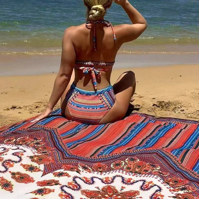 Women's three-piece swimsuit set showing high-waist briefs, cutout blouse top, and matching coat in picture colour