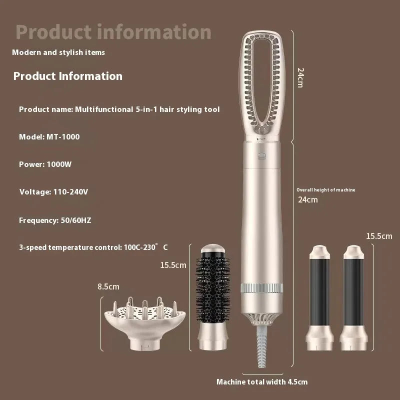Champagne gold five-in-one hot air comb hair curler with heating elements for multi-function styling