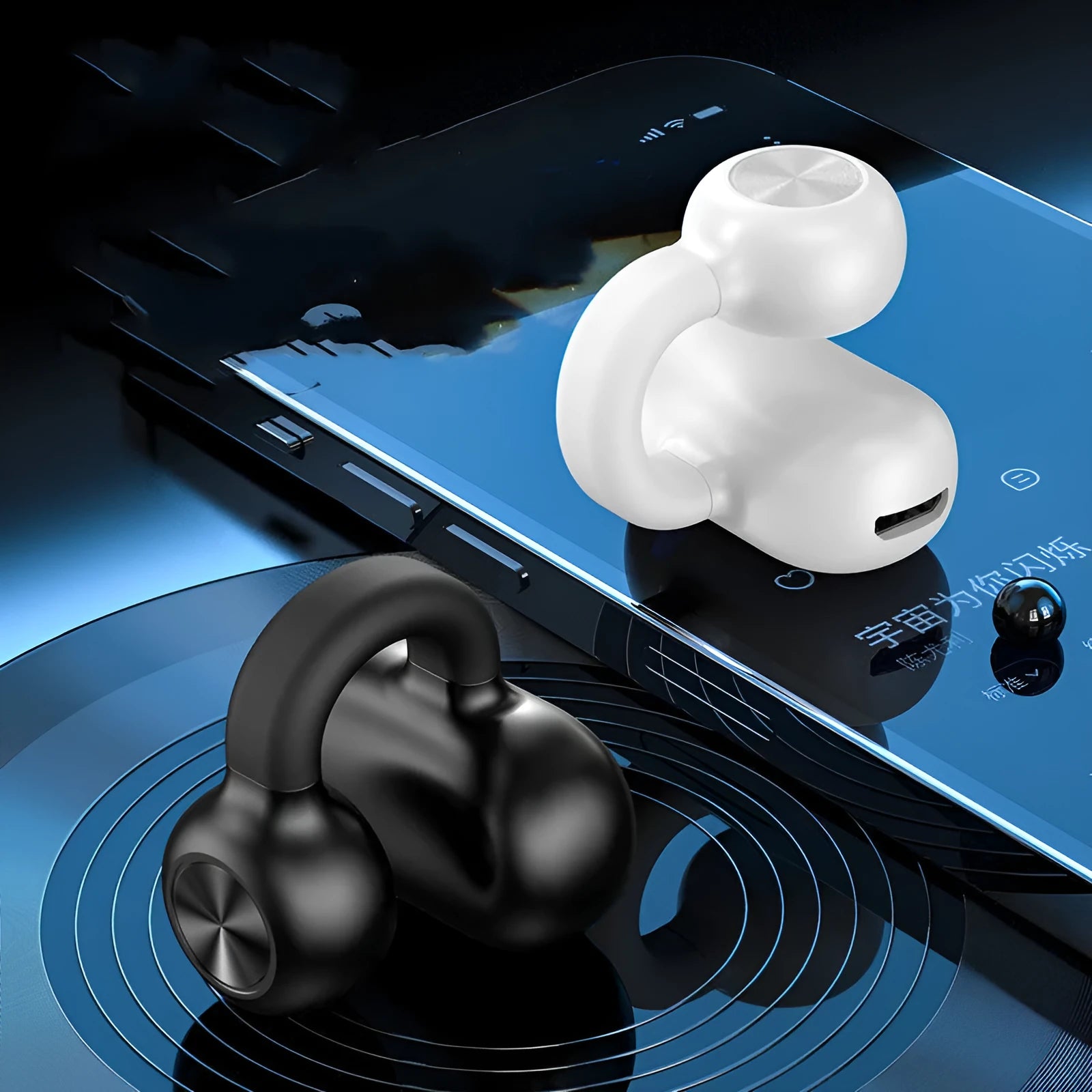Black wireless Bluetooth headset with clip-on bone conduction design for exercise