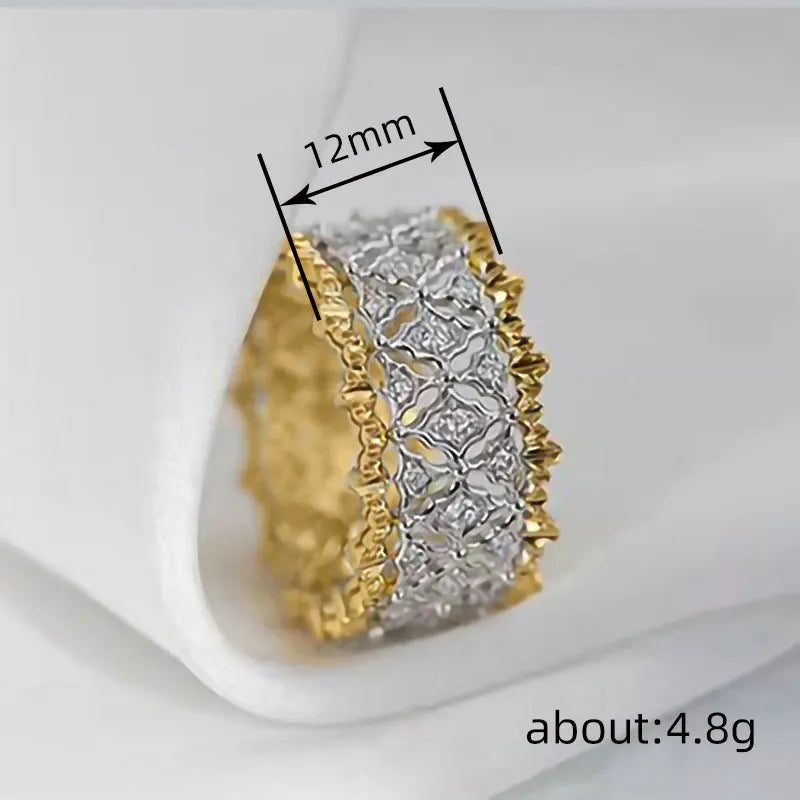 Two-tone gold geometric ring with round zircon detail on copper construction