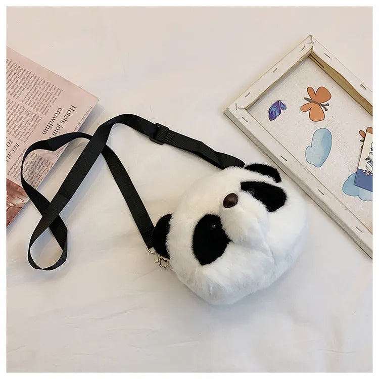 Plush crossbody shoulder bag with panda design, cylindrical shape measuring 18x15cm
