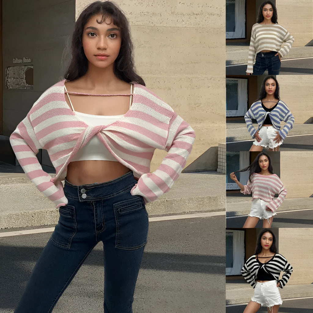 Women's black and white striped long-sleeved sweater with an exposed navel design, worn as a front and back wearable top.
