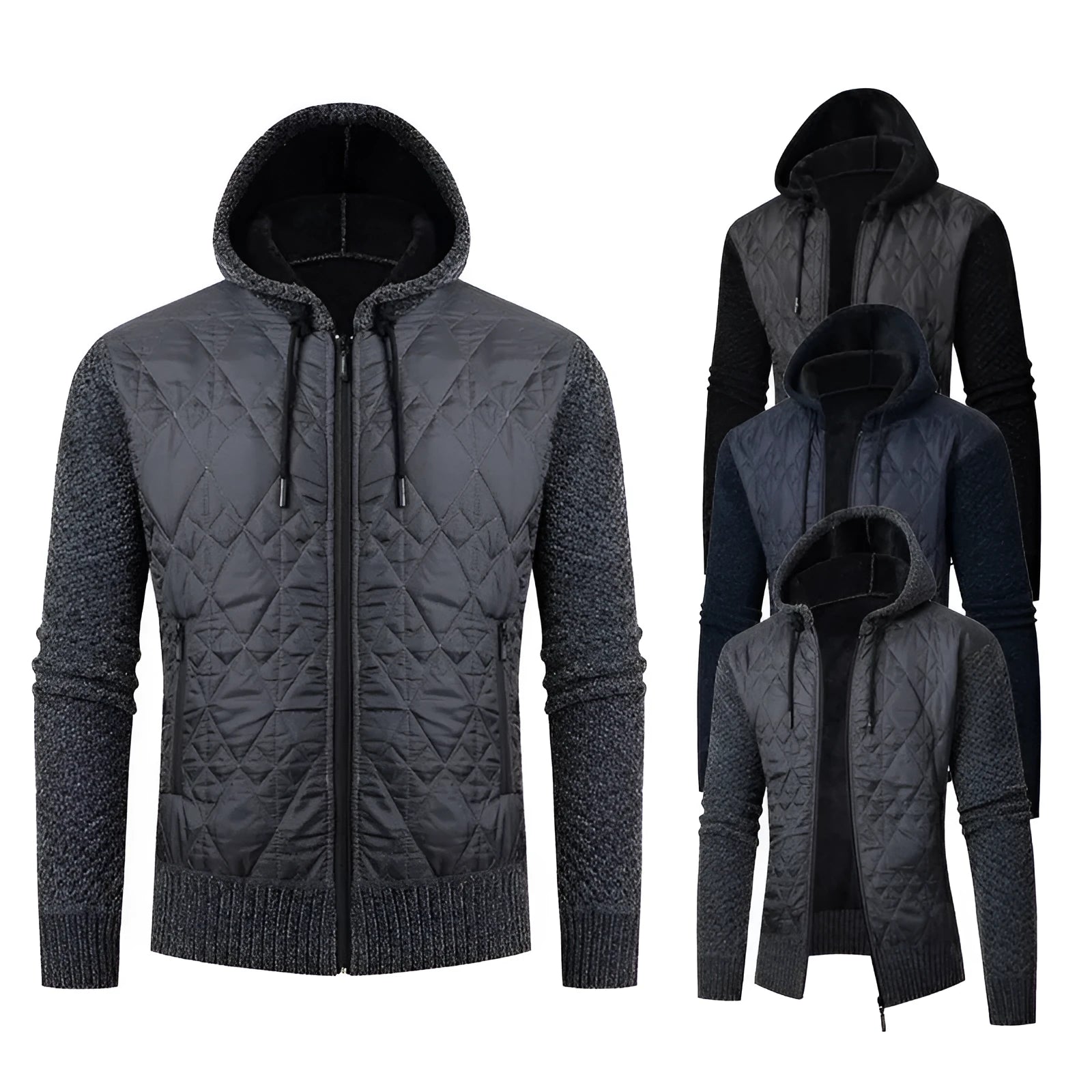 Man wearing a grey hooded corduroy sweater coat with a cinched waist, a winter cardigan style.