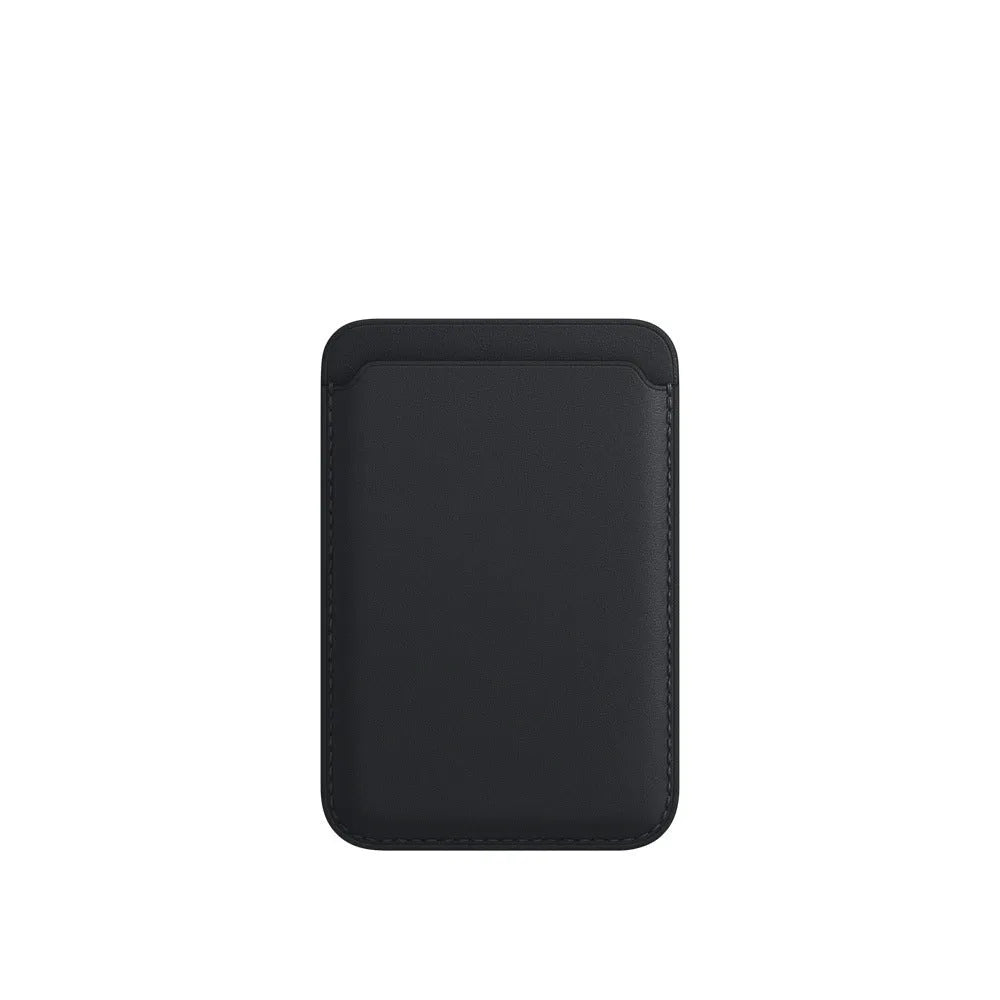 Black PU leather iPhone case with a built-in magnetic card holder on the back, compatible with MagSafe.