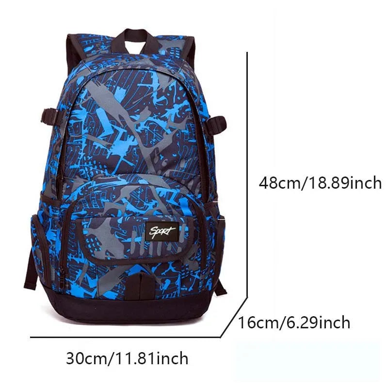 Blue nylon backpack with adjustable straps and large main compartment.
