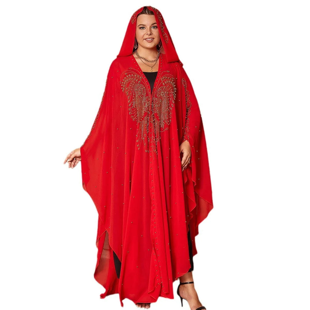 Purple Muslim style chiffon cape shawl with rhinestone beading laid flat.
