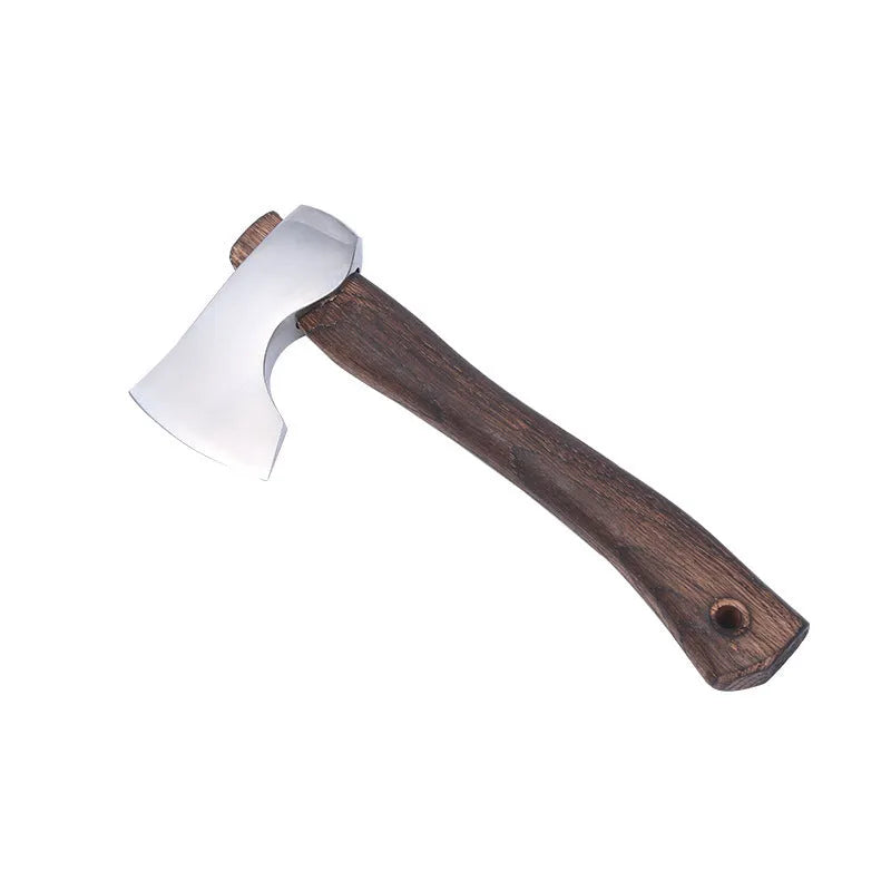 Camping axe with high carbon steel head and wooden handle showing 250mm dimensions