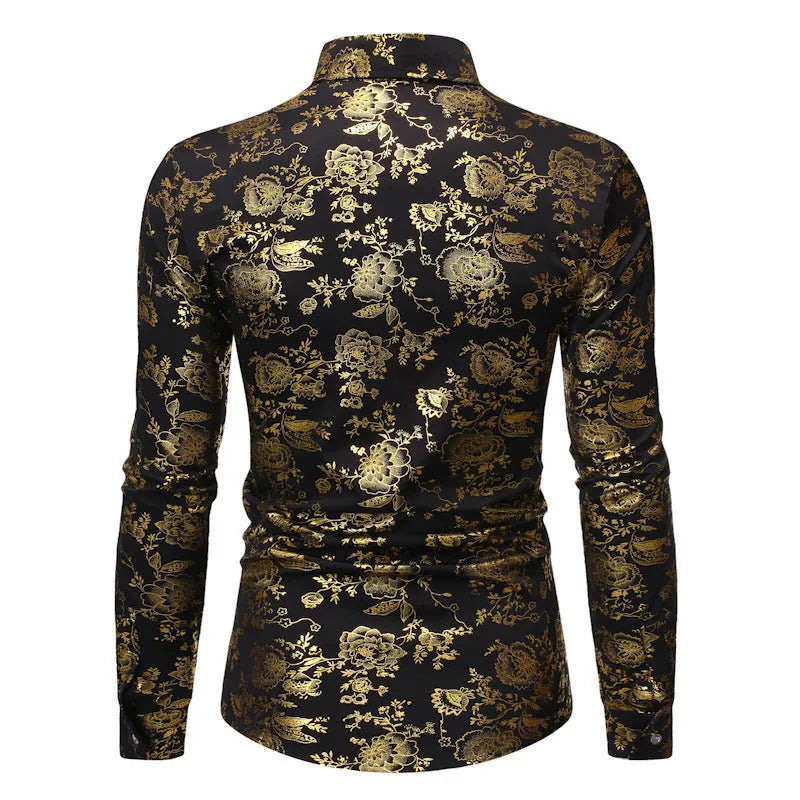 Man wearing a casual cardigan shirt with a digitally printed bronzing design on the lapel.