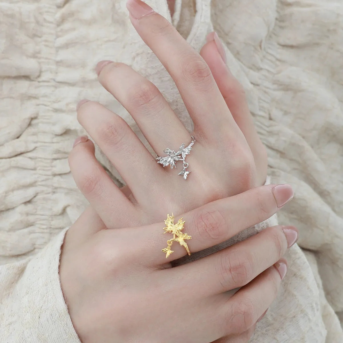 Women's adjustable silver butterfly ring with gold or white gold electroplating