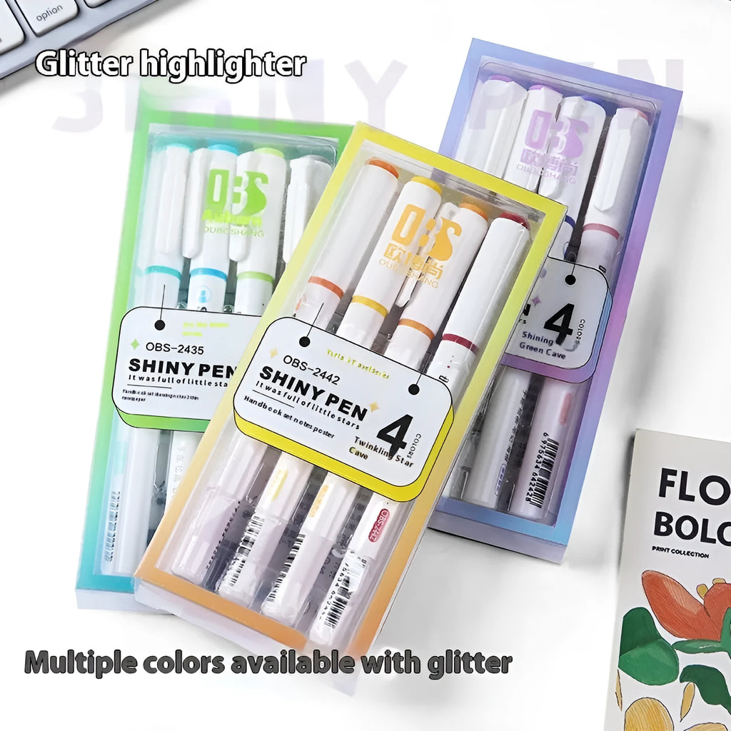 Four glitter fluorescent highlighter pens with slanted tips shown in a set.