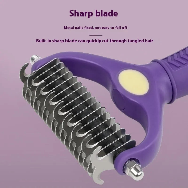 Purple double-sided plastic pet comb with ergonomic handle for removing tangles from cat and dog fur.