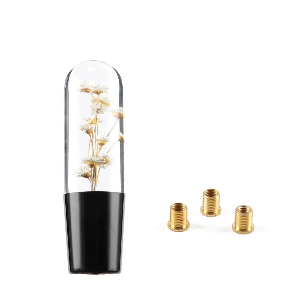 15cm transparent crystal car gear head with water flower design, shown with three metal adapters.