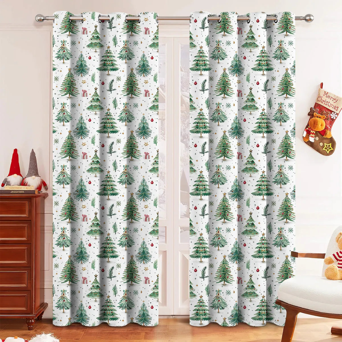 Christmas Forest patterned punching curtain made of polyester fabric for window sunshade.