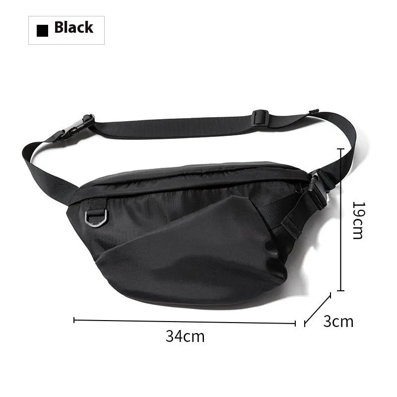 Black men's slanted chest bag made from Oxford fabric, showing sewing line details.
