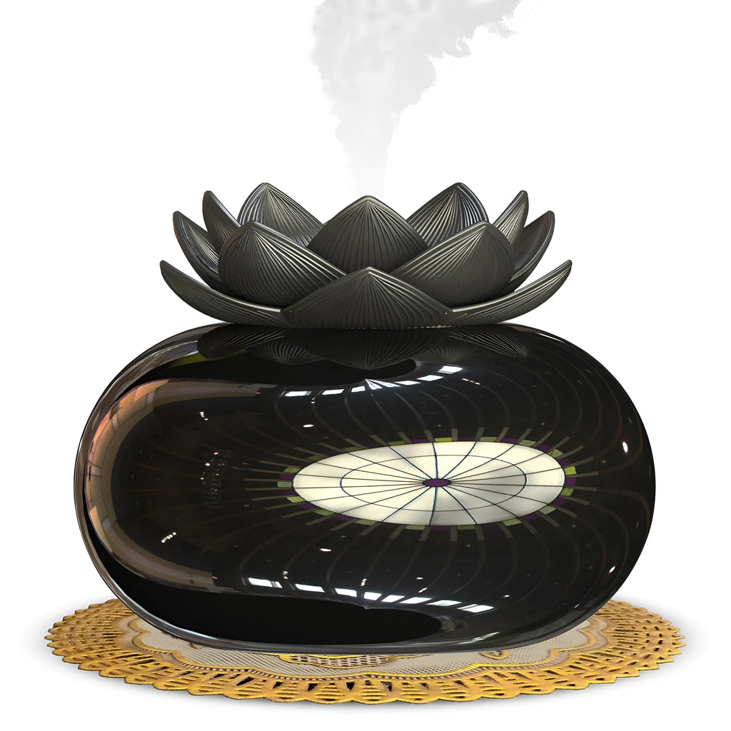 Pure black lotus-shaped ultrasonic humidifier with USB cable and ceramic construction