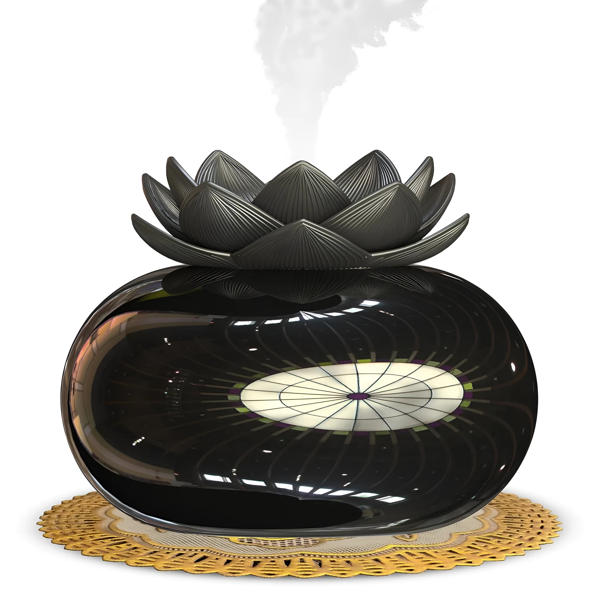 Pure black lotus-shaped ultrasonic humidifier with USB cable and ceramic construction