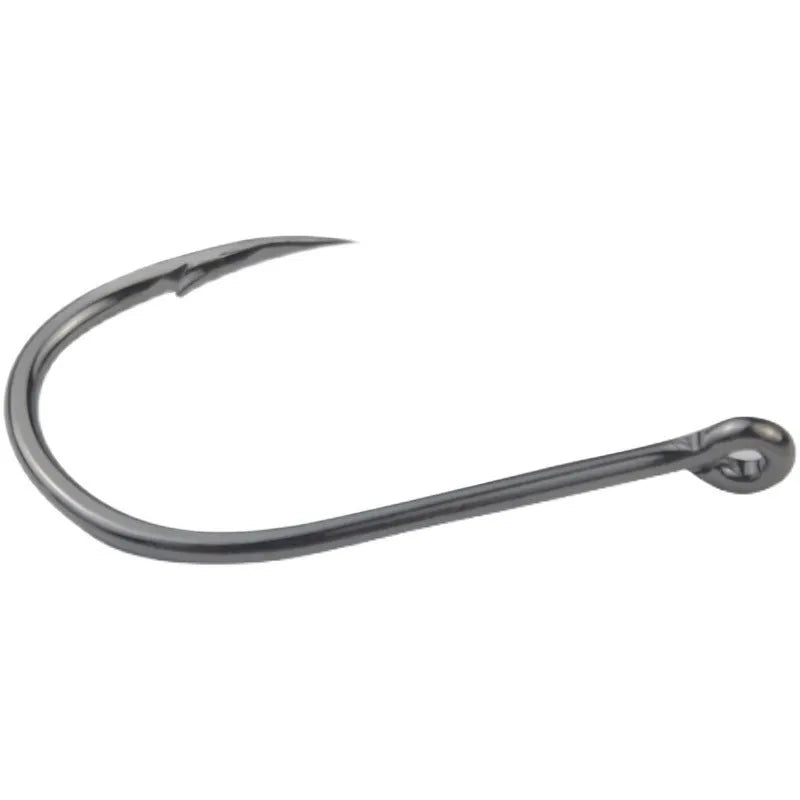 A selection of barbed, crooked mouth fishing hooks with ring holes made from alloy carbon steel.