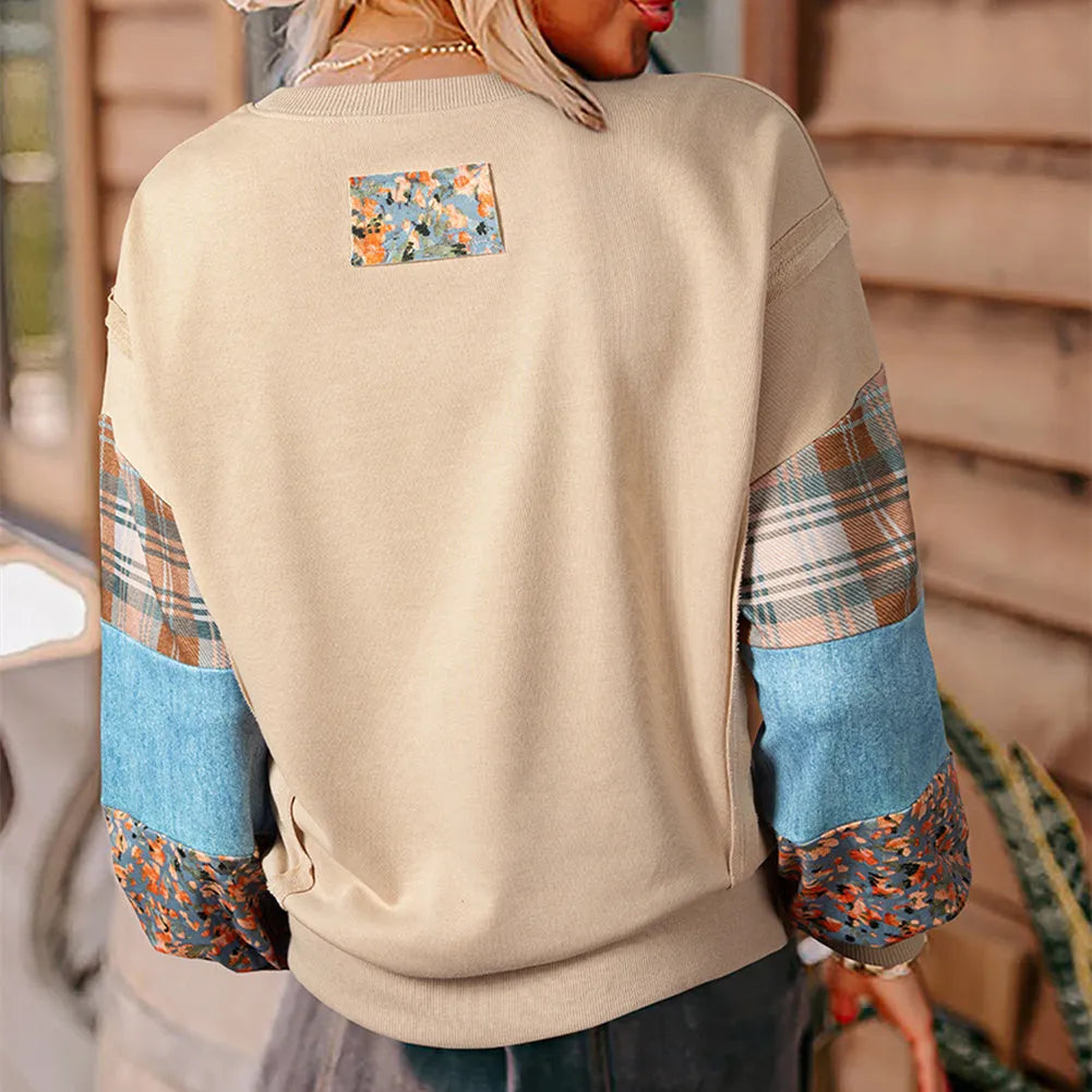 Women's apricot and red plaid stitch long sleeve loose fit casual polyester top